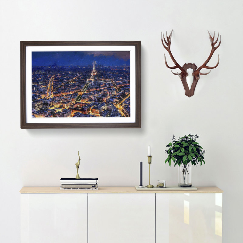 Eiffel Tower Paris Skyline at Dusk in Abstract - Picture Frame Graphic Art Print, Walnut Framed, 27cm H x 36cm W x 2cm D