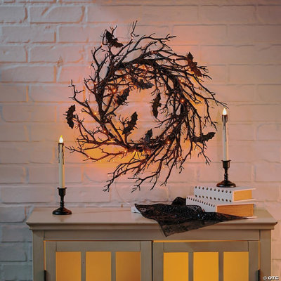 26" Light Up Black Bat Wreath, LED Halloween Door Decoration | Large spooky twig wreath features glowing orange LED lights and black bats for gothic outdoor entryway porch decor.