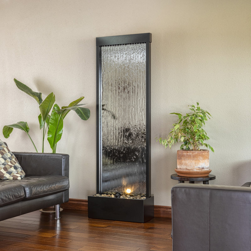 Fontaine de sol en cascade à miroir 72 "avec lumières DEL et pierres, argent, Argent, H 72 po x l 24 po x P 10 po