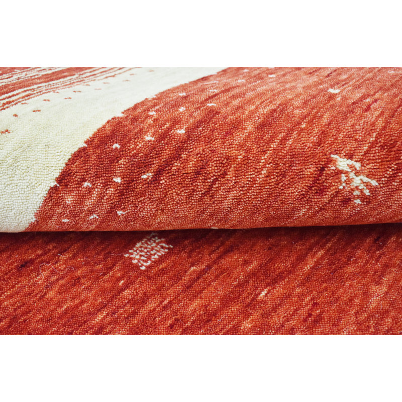 Hand Knotted Wool Striped Area Rug in Red/Beige, Rectangle 4' x 6'