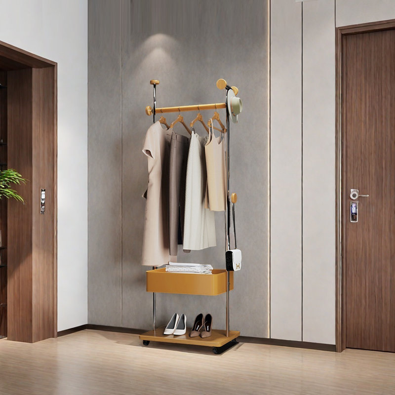 Stainless Steel Coat Rack with Cherrywood Hooks, Brown