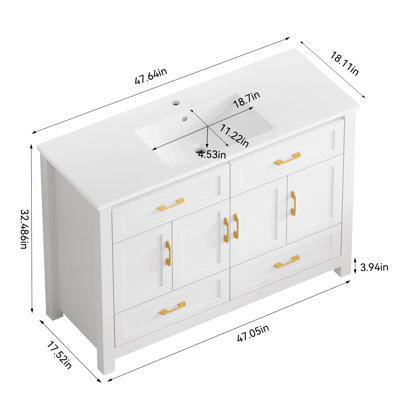 Meuble-lavabo de salle de bain avec lavabo en résine, armoire de rangement abondante - 4 portes à fermeture douce