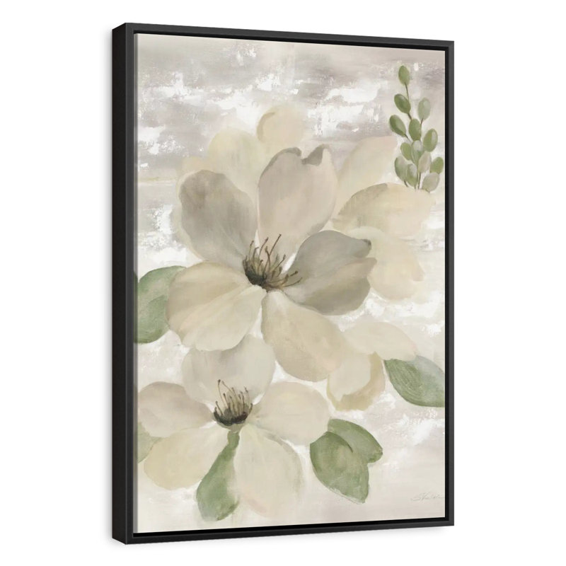 Blanc sur blanc sauge florale, Cadre flottant noir, 21 po x 31 po