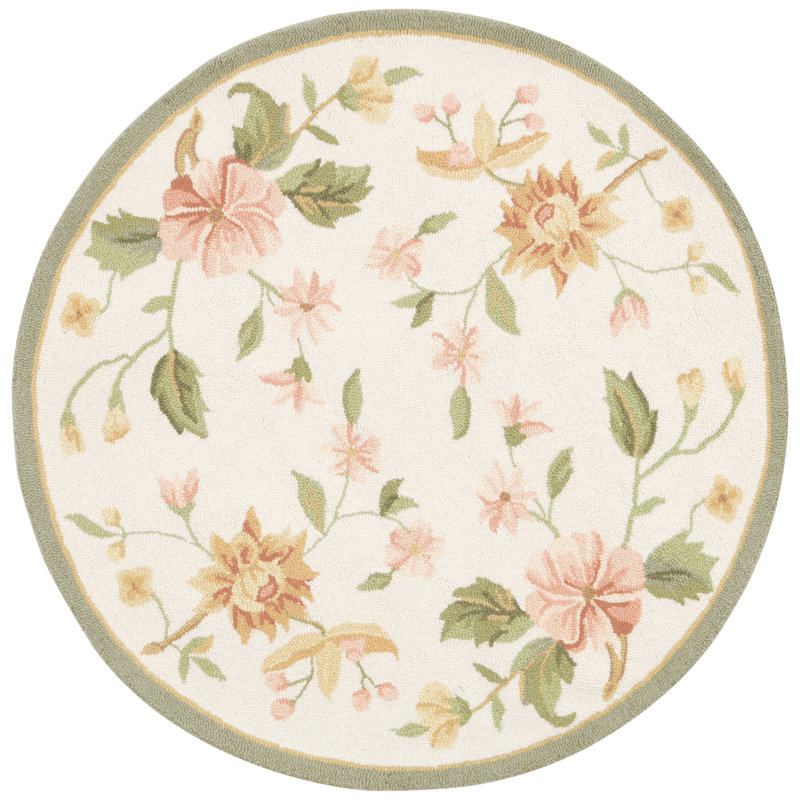 Kinchen Hand Hooked Wool Floral Rug, Beige, Round 5'6"