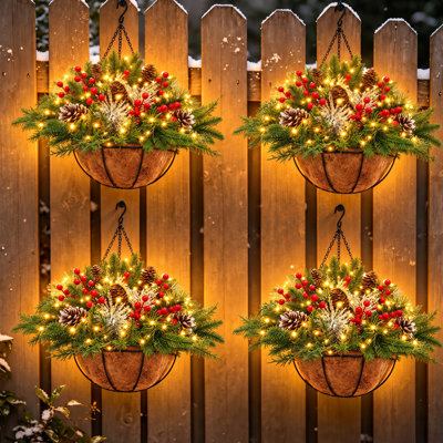 Artificial Christmas Hanging Basket with LED String Lights Pre-Lit Christmas Hanging Plant Basket Artificial Flowers Decor for Front Door Garden and Party