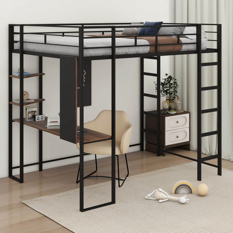 Lit mezzanine double en métal avec 2 tablettes et 1 bureau Gerasim, Noir