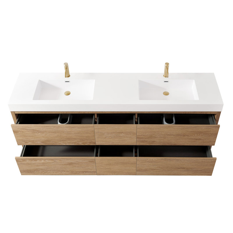 Meuble-lavabo à double cuve avec comptoir en composite Beira, Chêne nord-américain