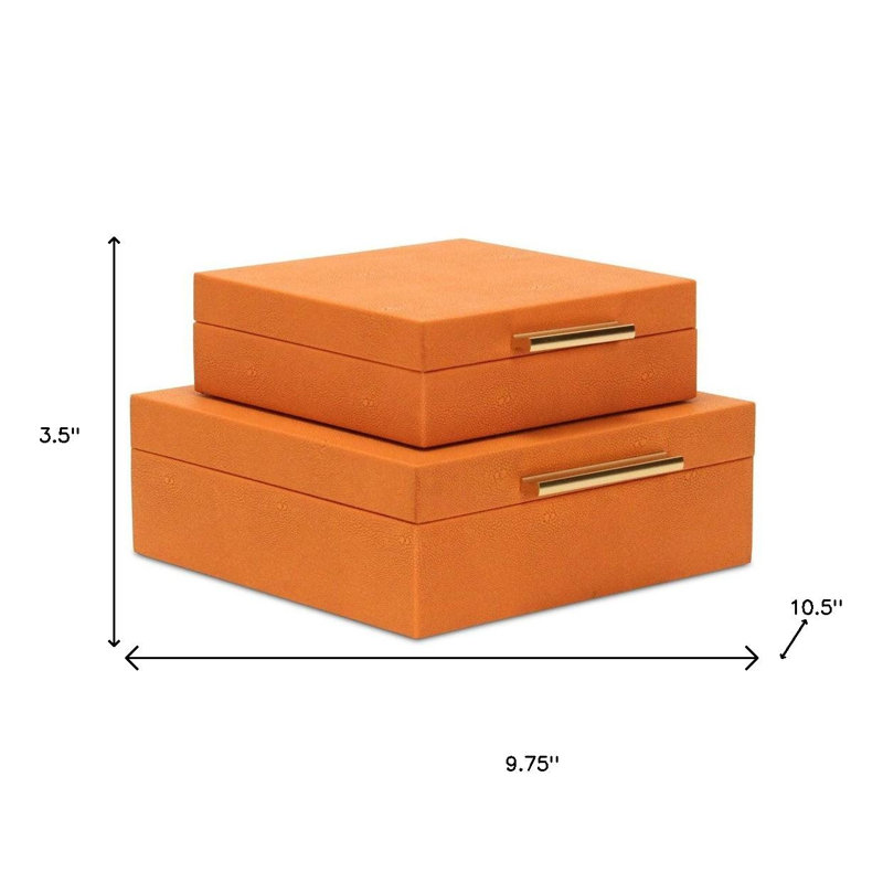Ensemble de deux boîtes à bijoux en similicuir galuchat orange avec accessoires décoratifs