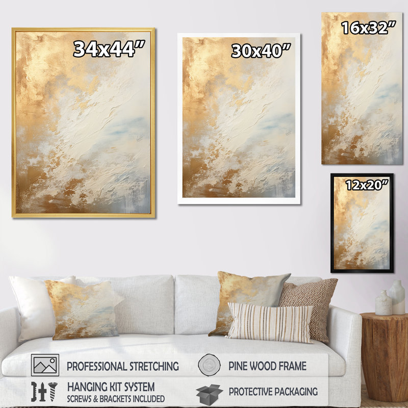 Tempête océanique beige et or bleu sur toile, Toile tendue, H 32 po x l 16 po x P 1 po