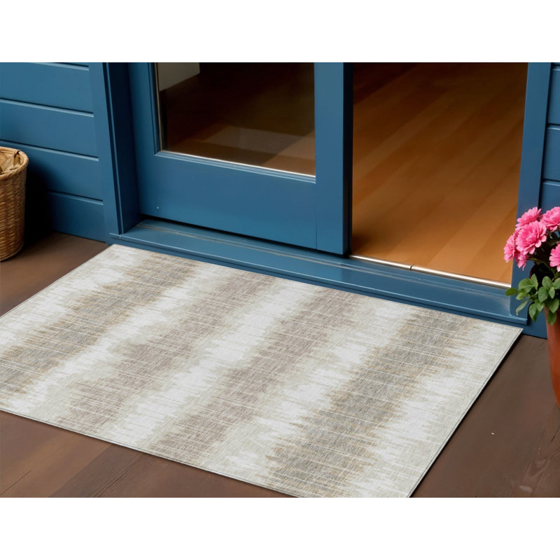 3' X 5' Ivory Beige And Taupe Striped Washable Indoor Outdoor Area Rug