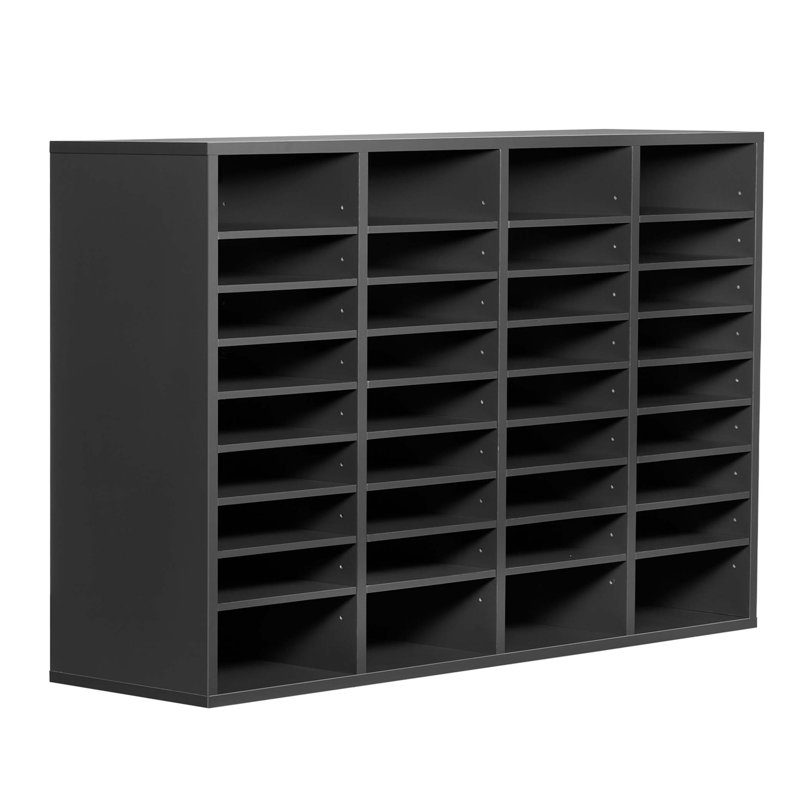 Organisateur de documents avec 36 compartiments, tablettes réglables et fabrication en bois durable pour une gestion efficace des documents de bureau, de maison ou de classe.