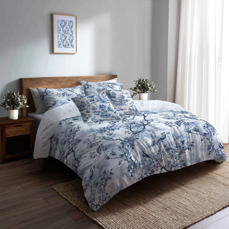 French Country Bedding Set 5 Pcs - Blue Timeless Toile Duvet Cover And Throw Pillow Set
