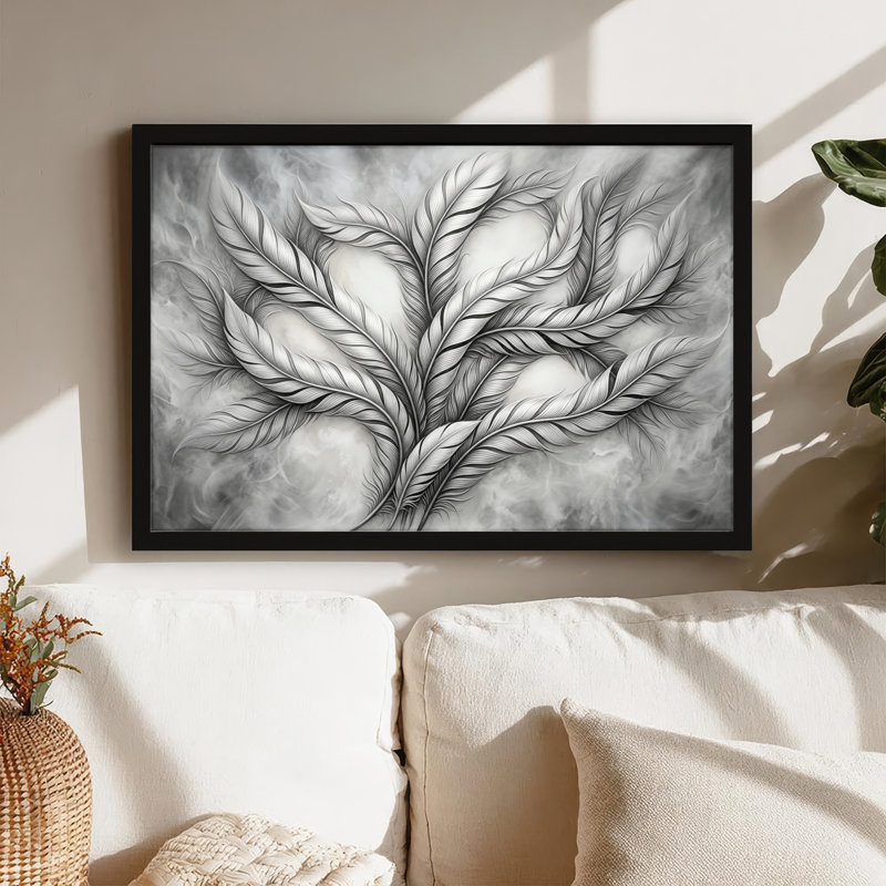 Toile noire encadrée en bois noir pour salon, chambre à coucher, bureau ou vestibule - décoration murale décorative avec arbre en plumes