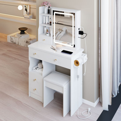 Table de coiffeuse compacte avec miroir à DEL, centrale électrique et support pour sèche-cheveux, parfaite pour les petits espaces et le toilettage quotidien.