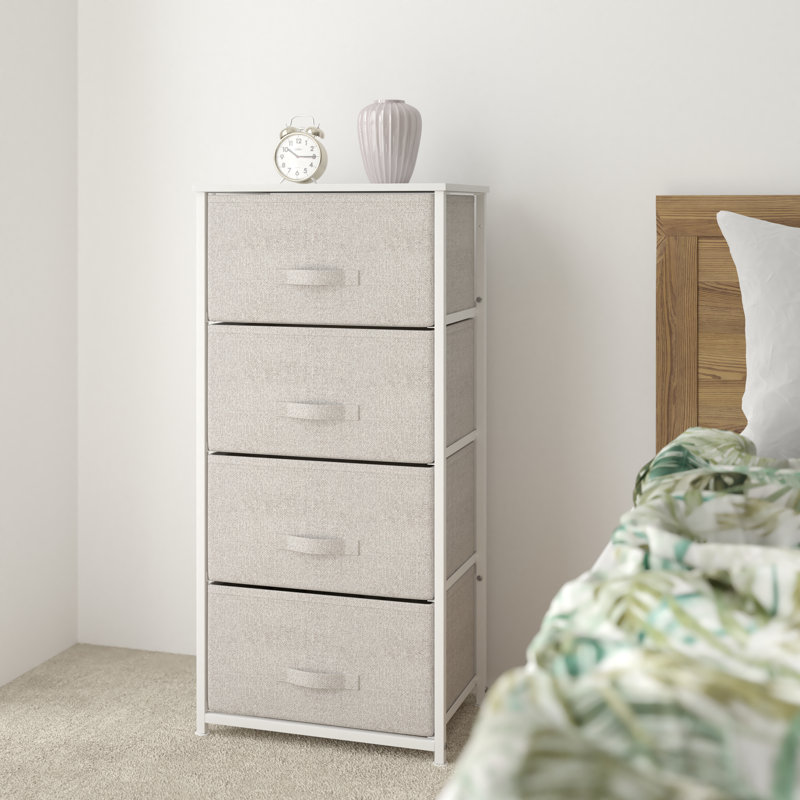 Colne 4 Drawer Vertical Storage Dresser with Wood Top & Fabric Pull Drawers, White/Light Gray