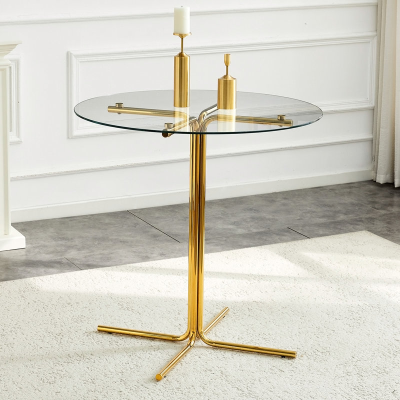 Table ronde haute en verre, table ronde de 36 pouces, plateau en verre trempé, support robuste à quatre colonnes plaqué chrome doré, convient aux tables rondes transparentes dans les petits espaces, les cuisines