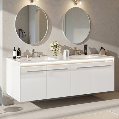 Ensemble de meuble-lavabo double flottant à DEL avec lavabo 60 po Ayanda, blanc