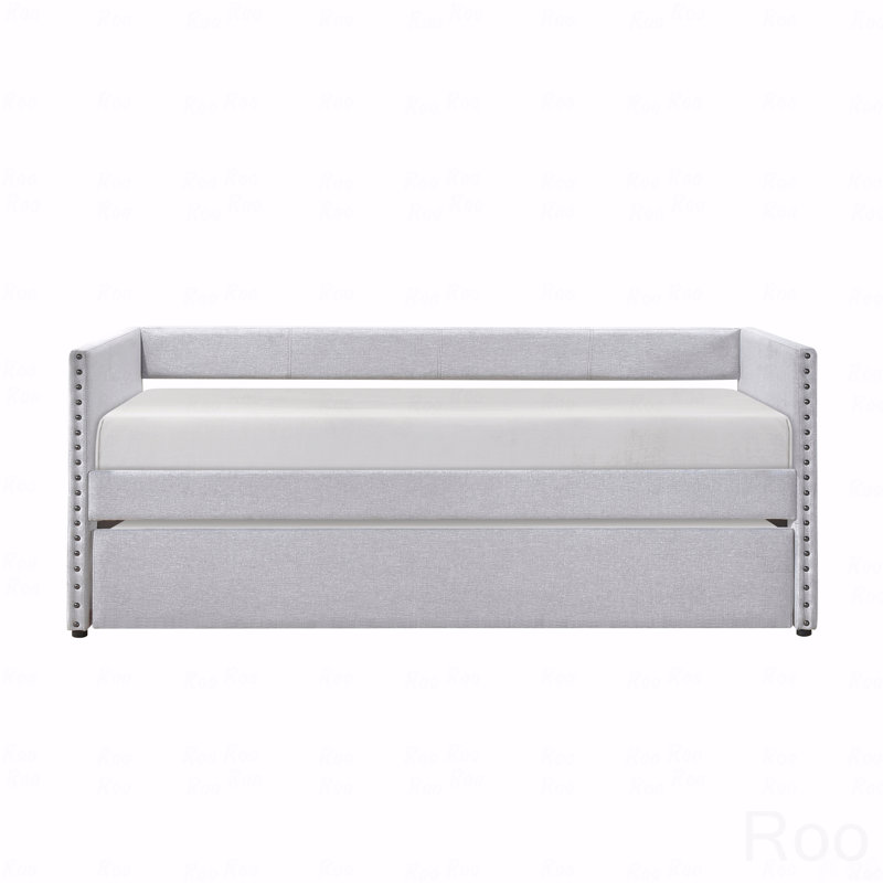 Modern Daybed Pull-Out Trundle Side Pockets Light Gray Upholstery Nailhead Trim Bedroom Living Room Furniture 1Pc, Light Gray