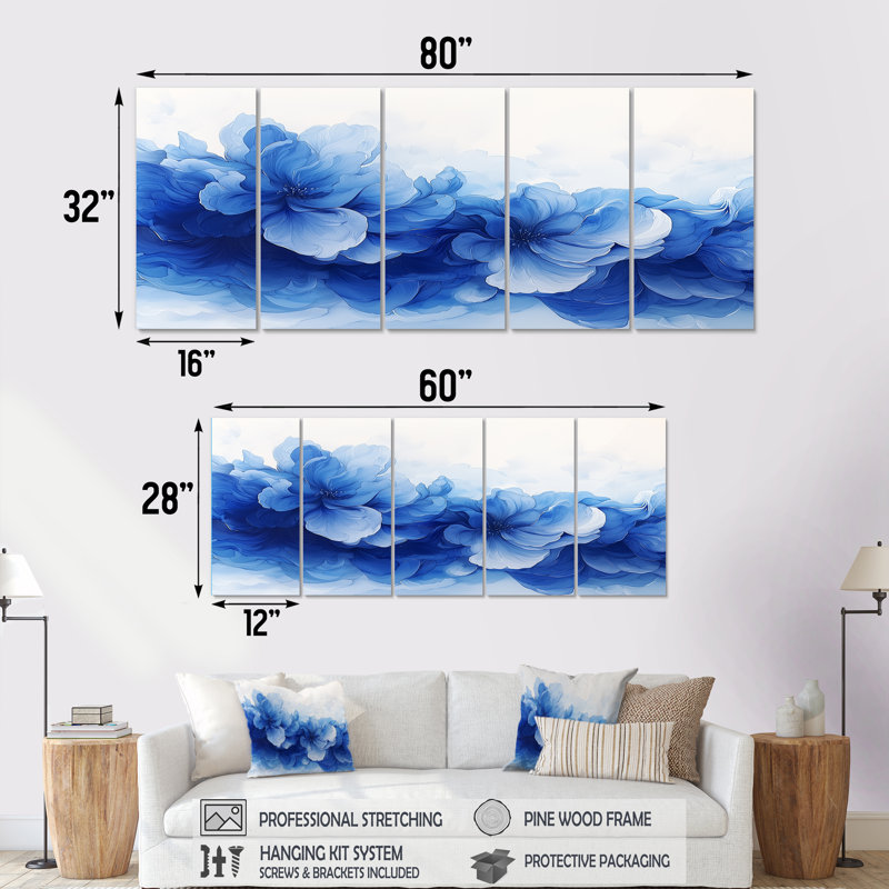 Délicats pétales de fleurs en mouvement II - art mural fleurs - ensemble d'art mural moderne, H 28 po x l 60 po, 5
