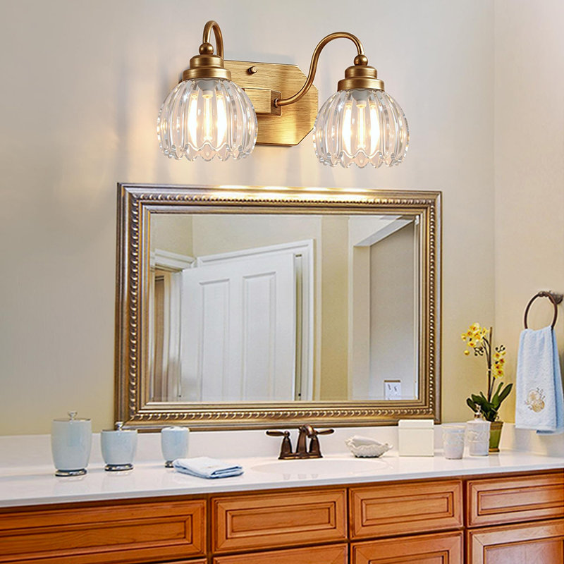 Mid Century 2-Light Crystal Glass Wall Sconce, Matte Vintage Bathroom Vanity Light Fixture, Gold