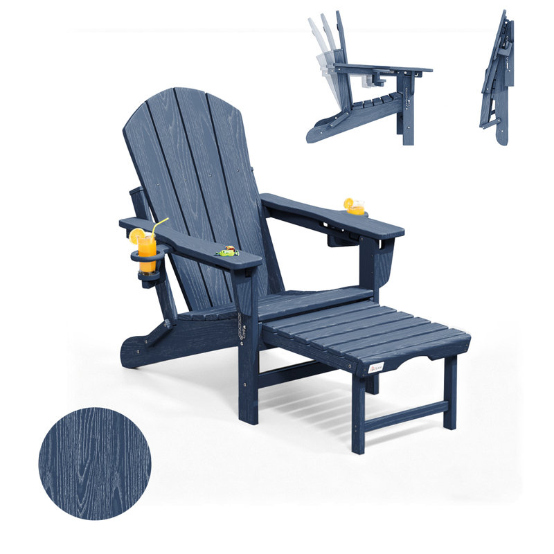 3-Level Adjustable Adirondack Chair with Retractable Ottoman and 2 Cup Holders, Folding All-Weather Outdoor Fire Pit Chair for Deck, Patio, Garden, and Backyard Use, Navy Blue