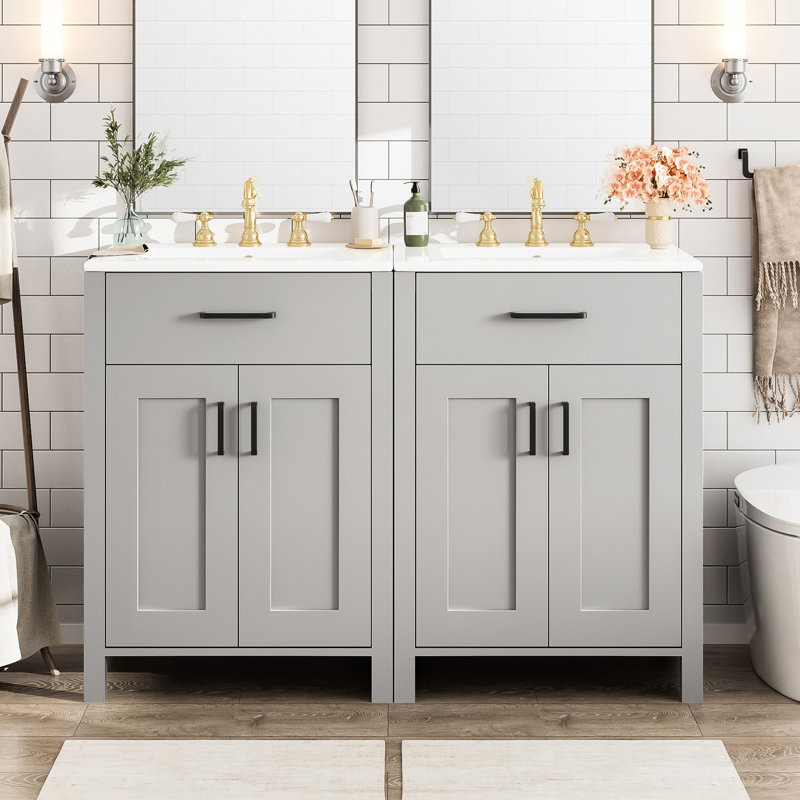 Meuble-lavabo moderne de 48 po avec lavabo en céramique, charnières à fermeture en douceur et tablette double réglable avec double lavabo, tablettes de porte à double couche, tiroir rabattable