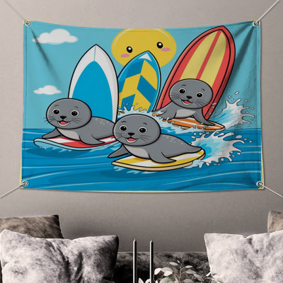 Seals Surfing Illustration Wall Tapestry - Surfing Wall Decor