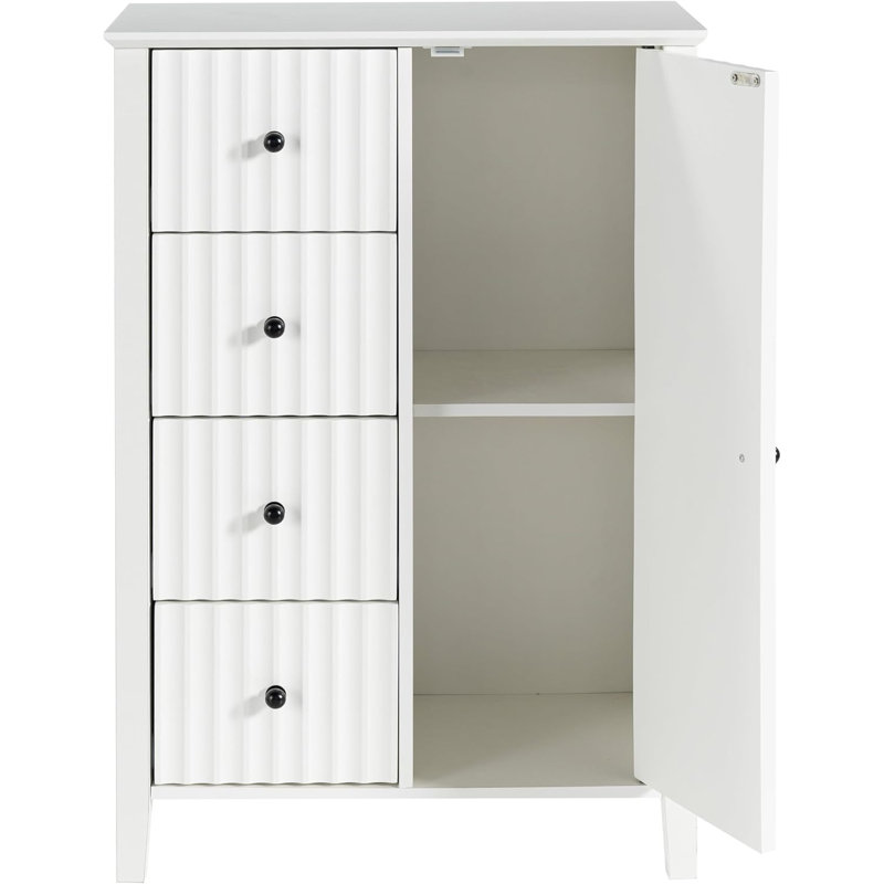 A Modern White Freestanding Bathroom Cabinet With 4 Drawers And A Door, Made Of Artificial Composite Material