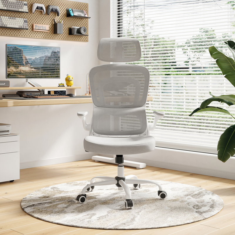 Modern Ergonomic Office Chair With Adjustable Headrest & Foldable Armrests & Lumbar Support, Gray