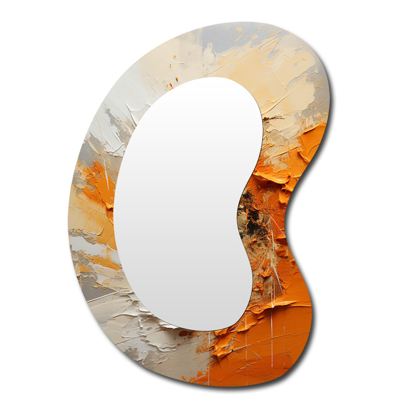 Erlandas Orange and beige Echoes of modern Shapes I - Abstract Painting Asymmetrical Unique Mirror, Orange Freeform Large Wall Mirror, Printed Metal Art