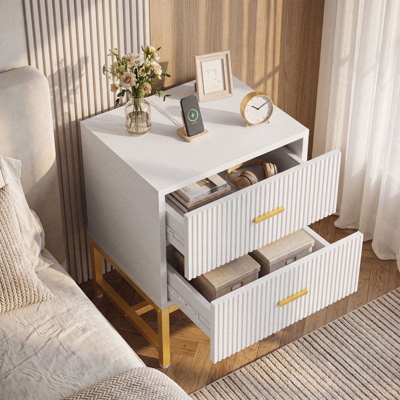 Table de chevet en fer avec 2 tiroirs, Blanc, 1