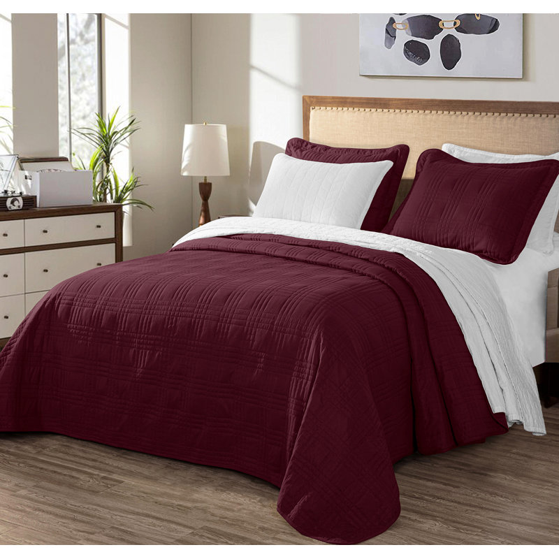 Lightweight Microfiber Reversible 3 Piece Coverlet / Bedspread Set, King Bedspread + 2 King Shams, Burgundy