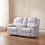 Fauteuil inclinable manuel deux places en lin gris pâle de 173 cm avec porte-gobelets, structure en bois massif et mousse à mémoire de forme haute densité.