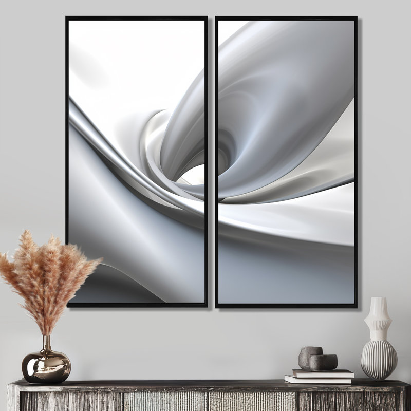 Abstrait contemplatif blanc gris - art abstrait de grandes vagues modernes, 20" H x 24" W, Impression encadrée flottante