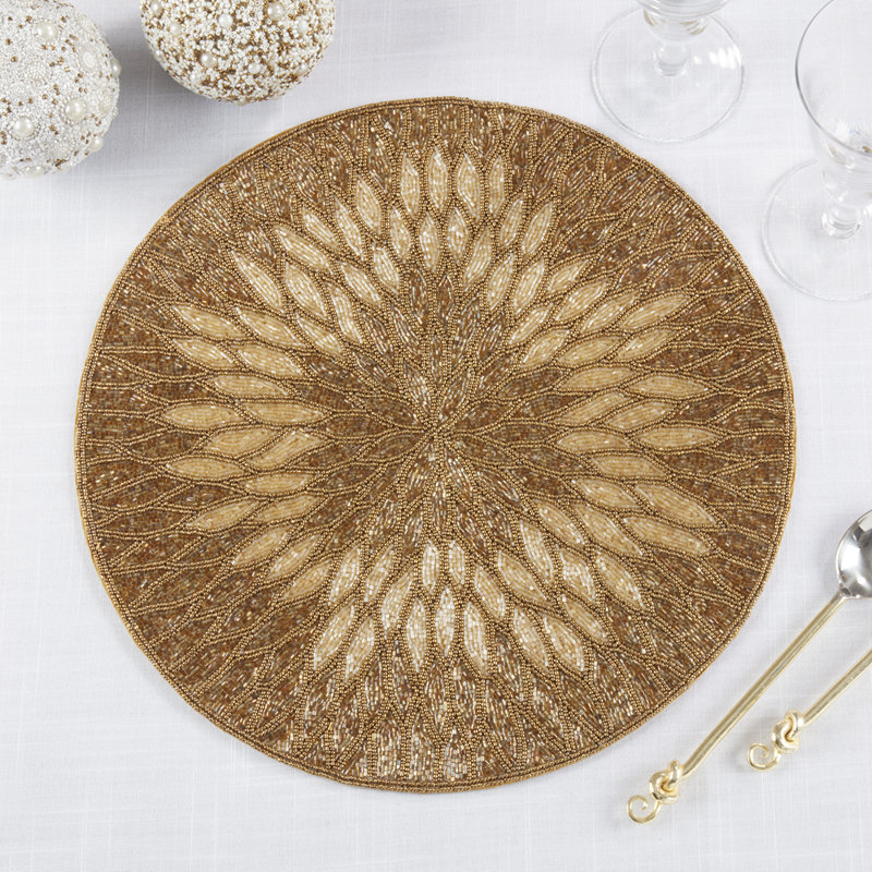 Handmade Beaded Design 15-inch Round Placemat, 1-piece, Gold