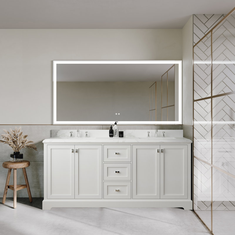 72'' White Plywood Double Bathroom Vanity with Marble Top