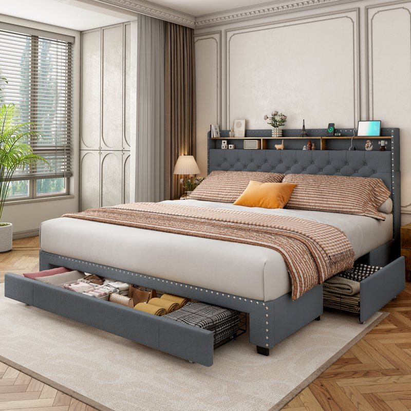 Upholstered Platform Bed Frame with 3 Drawers and RGB LED Lights, Bed with Storage Headboard and Charging Station, Grey, King