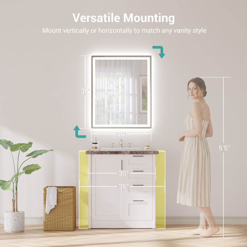 Modern Bathroom LED Mirror with Tempered Glass, Beveled Frame Vanity  Aluminum Frame Wall Mirror, 30" x 36", Brushed Nickel