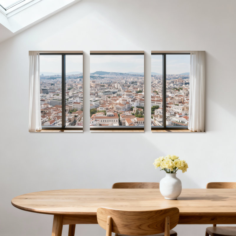 Ensemble de 3 impressions sur toile, "Scenic & Cityscapes Cityscape View Through Large Windows", H 30 po x l 60 po