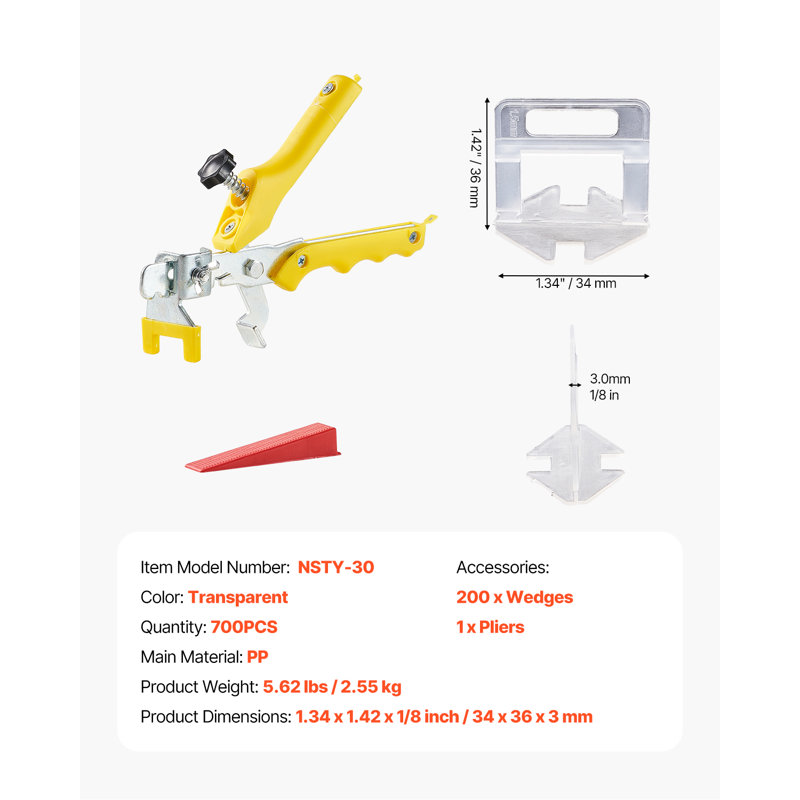 Tile Levelling System 1/8" (3 mm) 700pcs Tile Spacers+200 Reusable Wedges 1 Plier