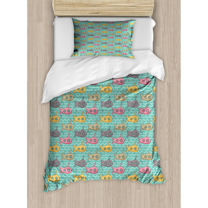 Ensemble de housse de couette Ambesonne Submarine, dessin animé nautique, simple, multicolore