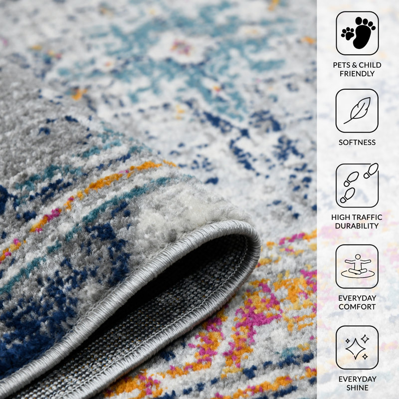 Alena Transitional Durable Performance Blue/Orange Area Rug, Rectangle 2' x 3'
