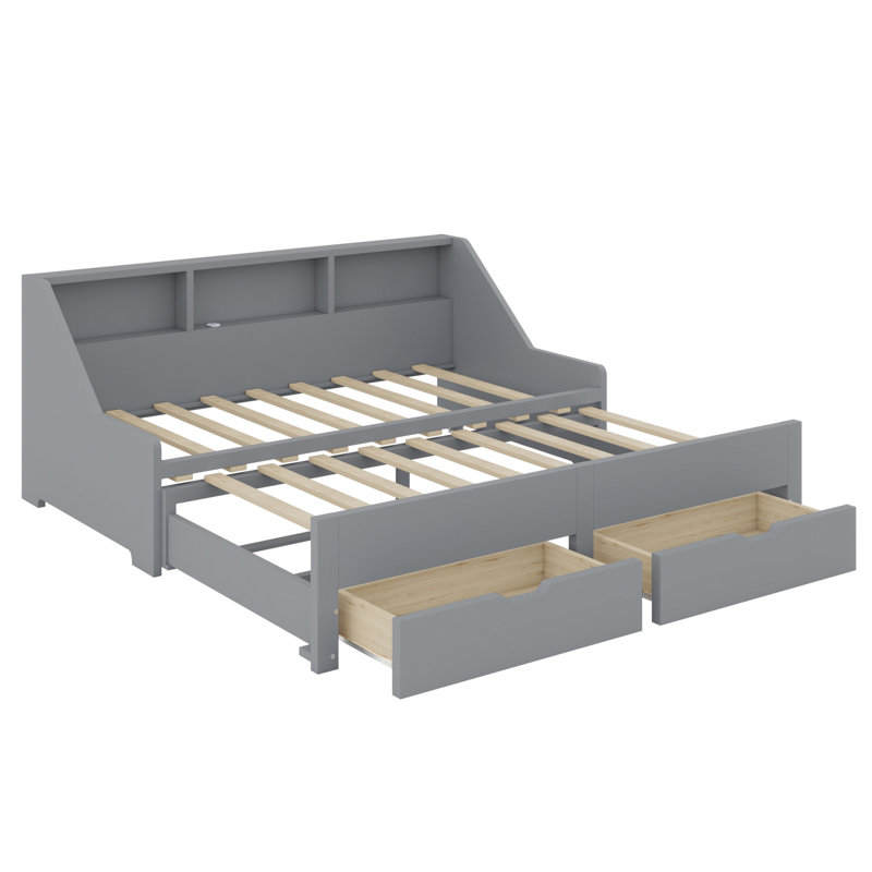 Daybed Frame With Storage Bookcases And Two Drawers,Charging Design, Gray