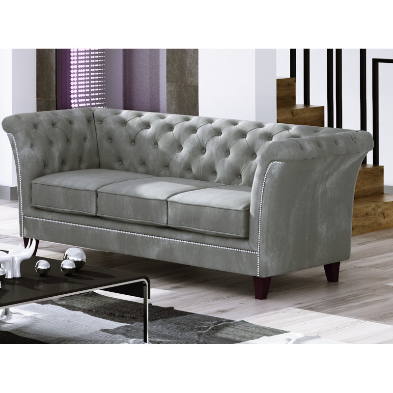 Chesterfield  Sofa 3 Seater Made of Velvet Fabric with Solid Wood Legs, Grey
