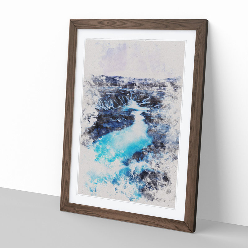 Winter Waterfall in Iceland Watercolour - Framed Print, 65cm H x 48cm W x 2cm D, Walnut