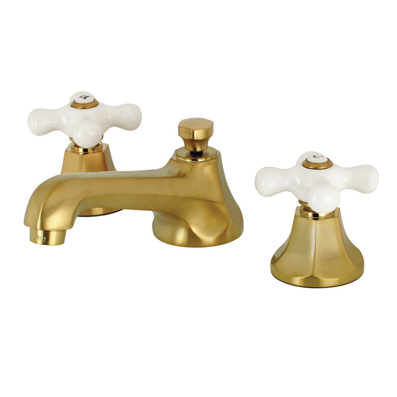 Kingston Brass Metropolitan Two-Handle 3-Hole Deck Mount Widespread Bathroom Faucet with Brass Pop-Up Drain, Satin Brass