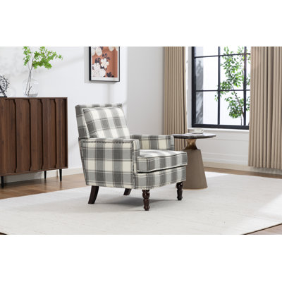 Chaise d'appoint rembourrée, fauteuil vintage avec tissu en lin gris et garniture cloutée pour le salon