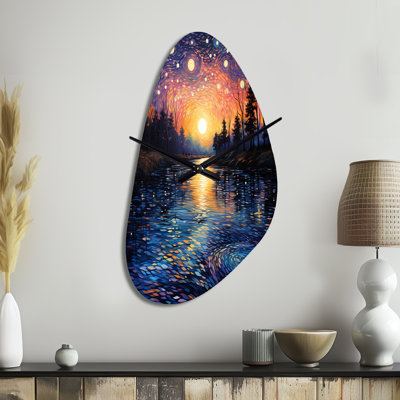 Vangogh Twilight Reflections Pointillism - Horloges métalliques de forme unique Vangogh, horloge murale asymétrique traditionnelle
