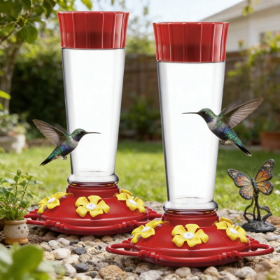Ensemble de 2 mangeoires à colibri avec protège-fourmis, capacité de 10 oz chacune - conception étanche avec 5 ports d'alimentation et perchoir circulaire, grande ouverture pour un remplissage et un nettoyage faciles à l'extérieur