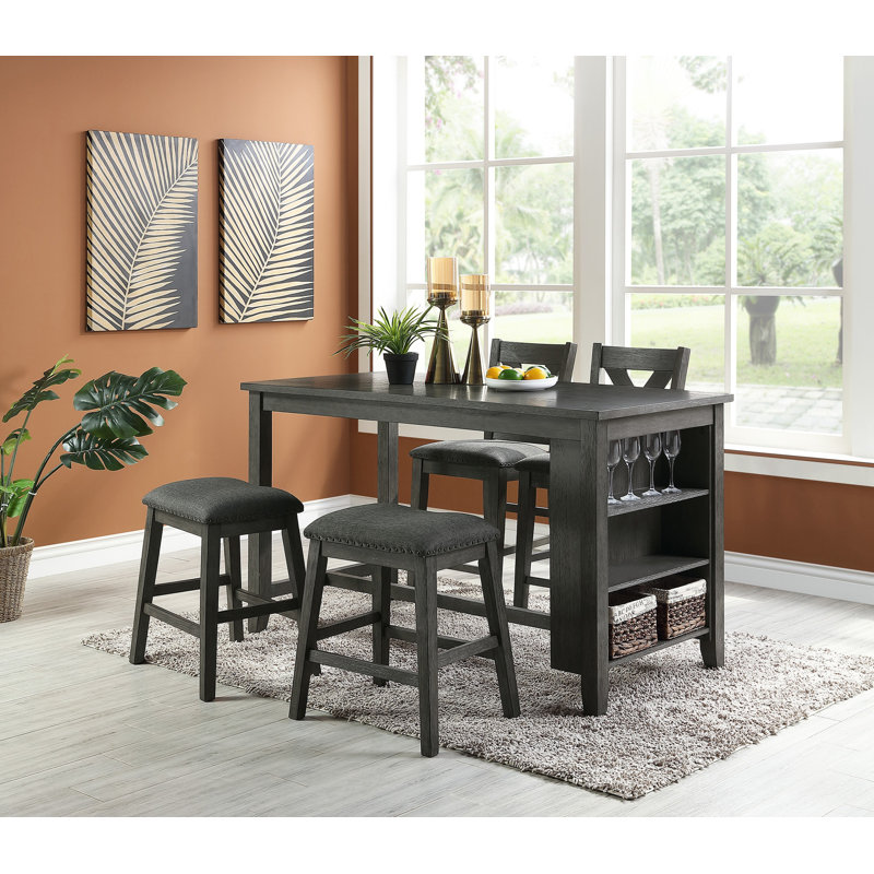 Modern Contemporary 5pc Counter Height High Dining Table w Storage Shelves High Chairs And Stools Wooden Kitchen Breakfast Table Dining Room Furniture